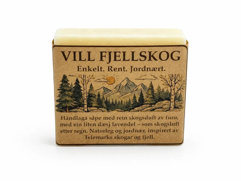 Vill Fellskog, en såpe med naturlige ingredienser som dufter som skogsluft etter regn. Håndlaget i Norge.