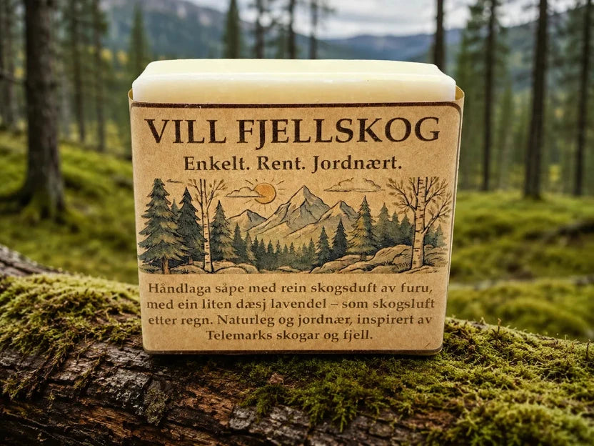 Vill Fellskog, en såpe med naturlige ingredienser som dufter som skogsluft etter regn. Håndlaget i Norge.