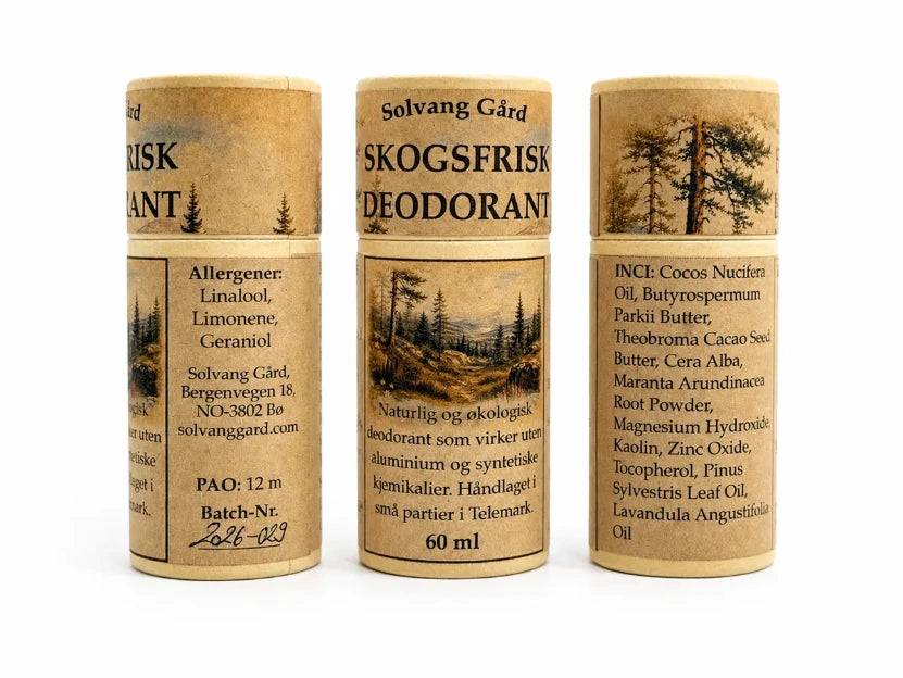 Skogsfrisk Deodorant er en naturlig deodorant uten aluminium og andere syntetiske kjemikalier - håndlaget i Norge.